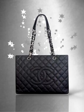 🩷VINTAGE CHANEL Black Caviar Quilted Grand Shopping Tote (GST) Silver-Tone HW
